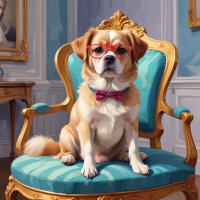 Cute dog in glasses sitting on elegant chair in a room