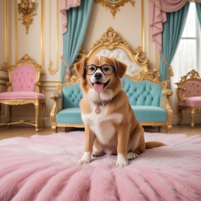 Happy dog wearing glasses in a stylish room