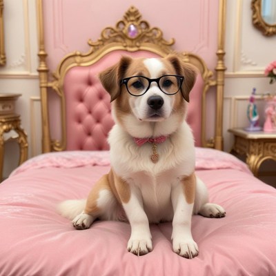 Dog wearing glasses poses on a pink bed in a cozy room