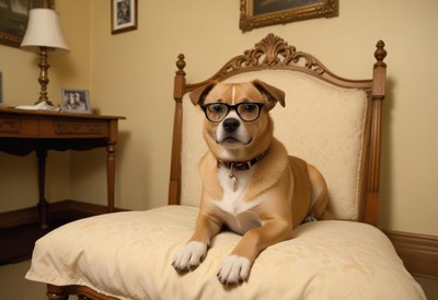 Dog wearing glasses sits on a vintage chair indoors