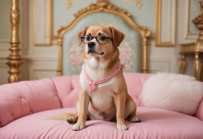 Dog in glasses sitting on a pink couch in a classy room