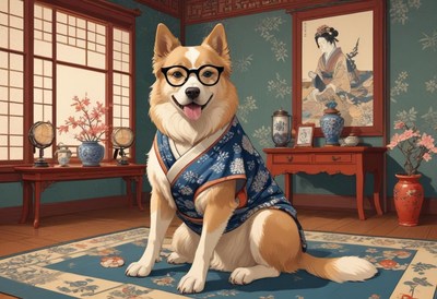 Dog in traditional attire sits in a stylish room