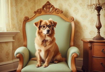 Dog wearing glasses sits on elegant chair indoors