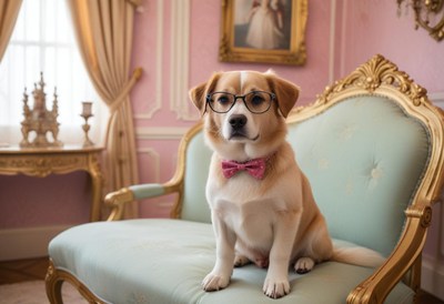 Stylish dog wearing glasses and bowtie in elegant room