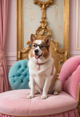 Dog wearing glasses sitting on a pink chair in a fancy room