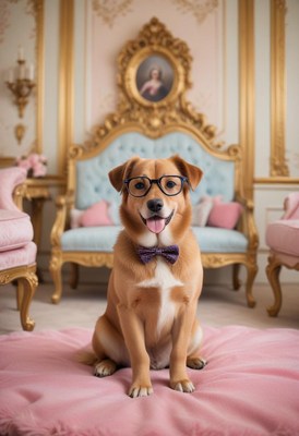 Dog in glasses sits elegantly in a luxury room