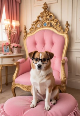 Dog in glasses on a pink cushion in a fancy room