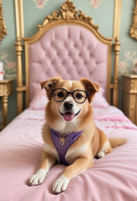 Happy dog with glasses sitting on a pink bed