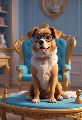 Dog wearing glasses and crown in a royal setting