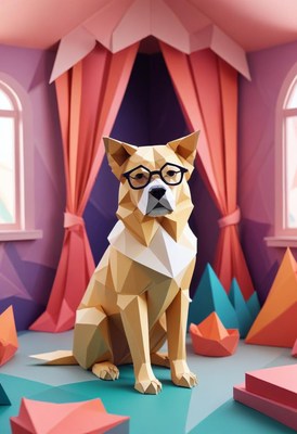 Unique geometric dog art in creative indoor setting