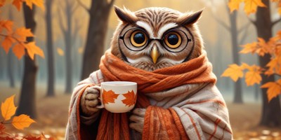 Owl with a mug in a cozy autumn forest scene
