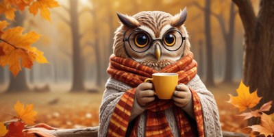 Owl enjoys warm drink in autumn forest setting