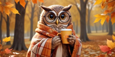 Cozy owl enjoying a warm drink in autumn leaves