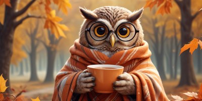 Owl in blanket sipping drink in autumn forest