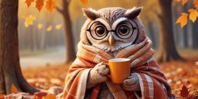 Owl enjoying a warm drink in a fall forest