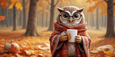 Cute owl holding a warm drink in autumn forest
