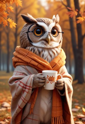 Owl in cozy scarf holding a warm drink in autumn park
