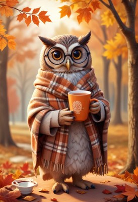 Owl in a cozy blanket enjoying autumn warmth outdoors