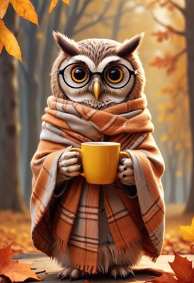 Owl in cozy blanket holding a coffee cup in autumn woods
