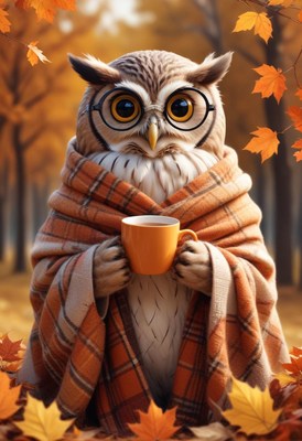 Owl wrapped in a blanket holding a cup in autumn forest