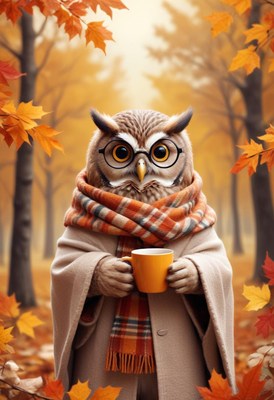 Cute owl in fall foliage holding a warm drink