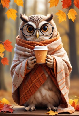 Owl enjoying hot drink in cozy autumn setting