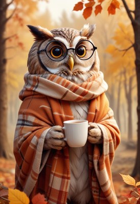 Owl in glasses holds a cup in a cozy autumn forest