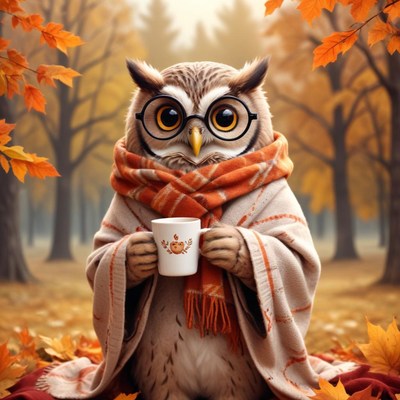 Owl enjoying a warm drink in a cozy autumn forest