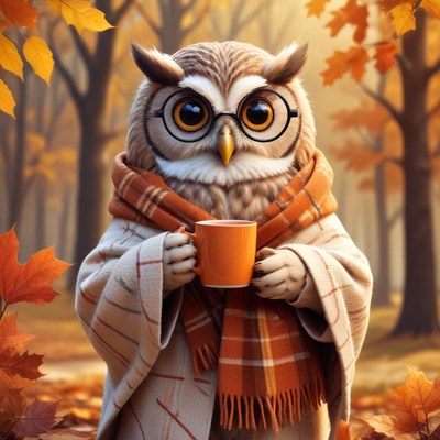 Owl enjoying a warm drink in a cozy autumn setting