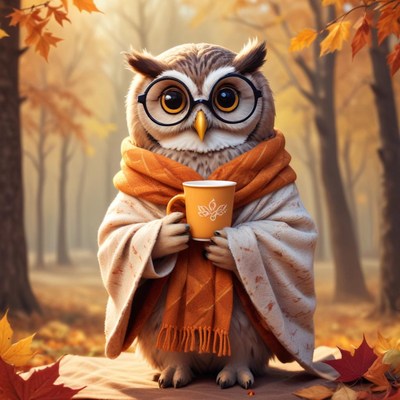 Owl enjoying a warm drink in autumn forest setting