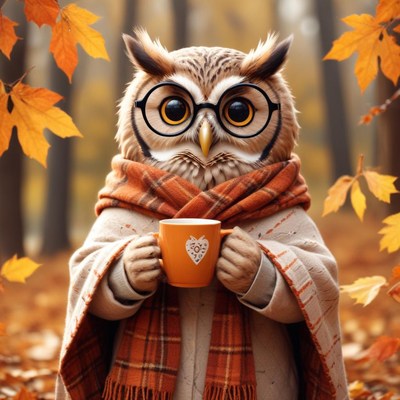Owl in glasses holding a warm drink in autumn forest