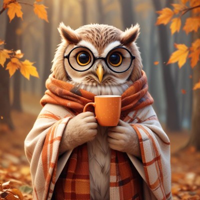 Cute owl in a cozy setting with a warm drink