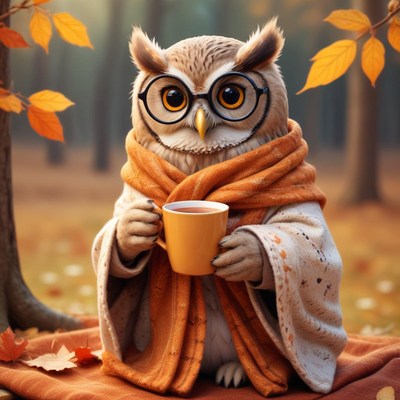 Owl enjoying a warm drink in autumn woods
