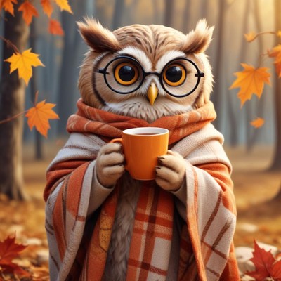 Owl enjoying a warm drink in autumn forest setting