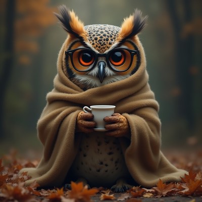 Owl in a blanket holding a cup in a forest setting