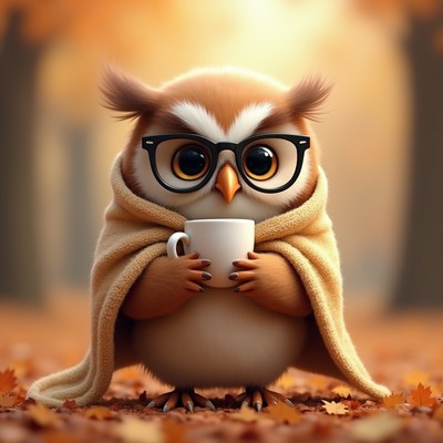 Owl in glasses enjoys a warm drink in autumn