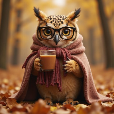 Owl in glasses holding a drink amidst autumn leaves