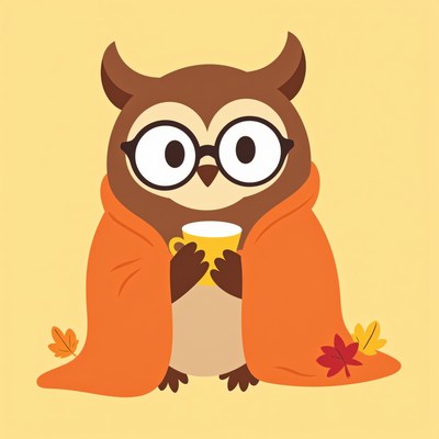 Owl enjoys a cozy moment with a warm drink