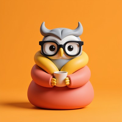 Cute owl figure holding a cup on orange background