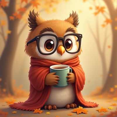 Cute owl wearing glasses holds a mug in autumn leaves