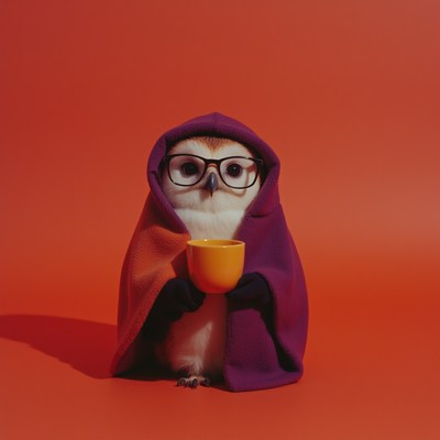 Owl wearing glasses and a colorful blanket holds a cup