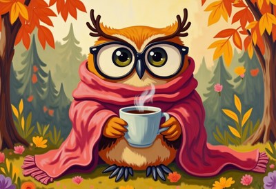 Owl in a cozy scarf enjoying a warm drink in autumn
