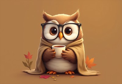 Owl in sweater holding a cup of coffee in fall setting