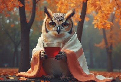 Owl enjoying tea while wrapped in a cozy blanket in autumn