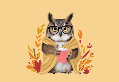 Owl in glasses holding a warm drink with autumn leaves