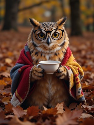 Owl in glasses enjoys warm drink in autumn leaves