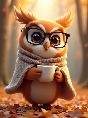 Cute owl wearing glasses and a cozy blanket enjoys hot drink
