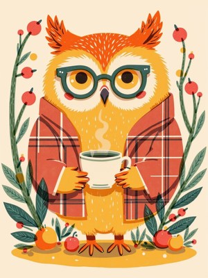 Cute owl with glasses holding a cup of coffee