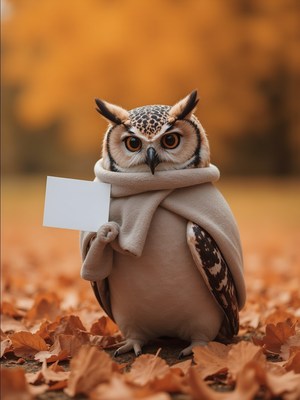 Cute owl wears a scarf and holds a blank card in autumn