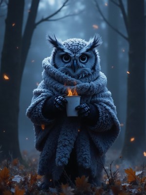 Enchanted owl enjoying a warm drink in a misty forest